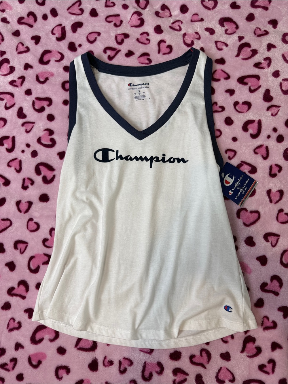 Champion White Tank Top with Navy Trim and Logo size S